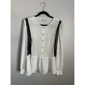 Nanette Lepore Blouse Women's Size XL Pintuck Lace Trim Button Corrugated Cream